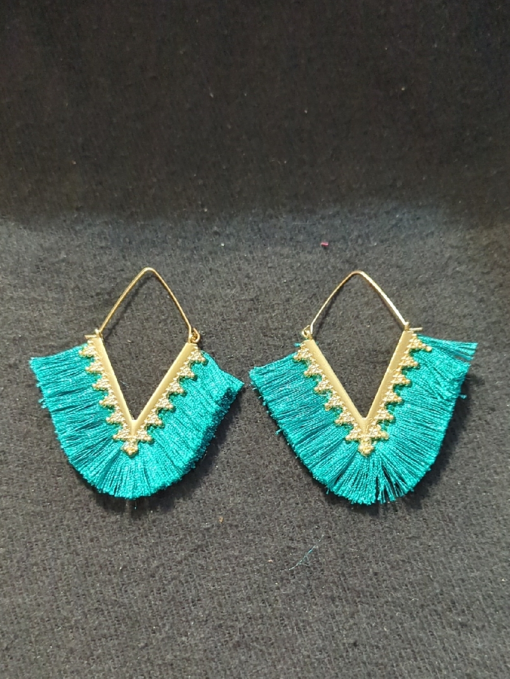 Gold Tone Teal Blue Silk Fringe Statement Earrings